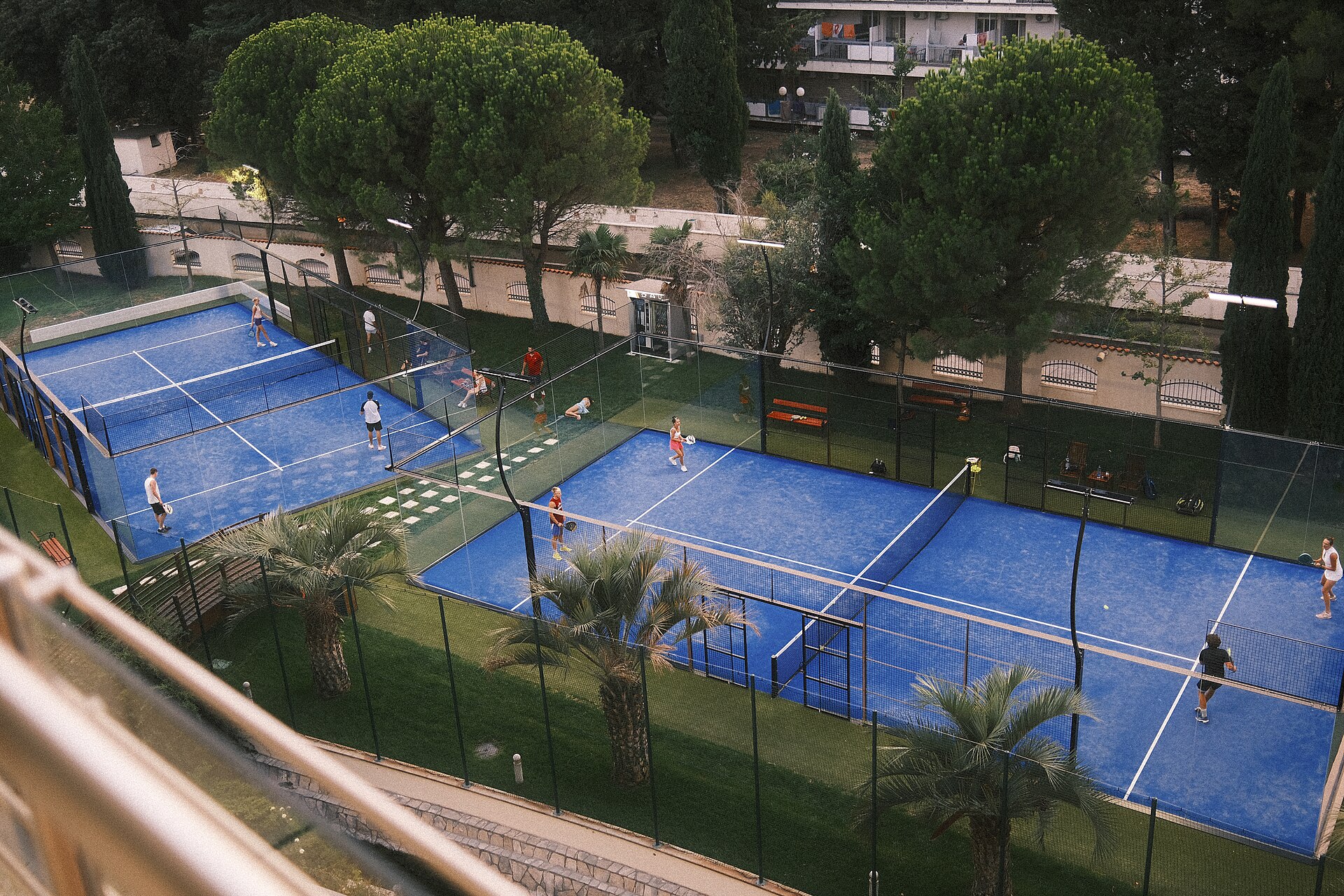 League night across a row of blue padel courts